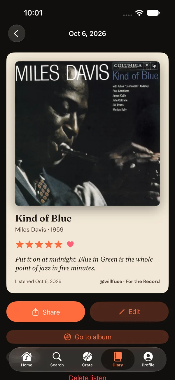 A shareable review card with album art, stars and a written review