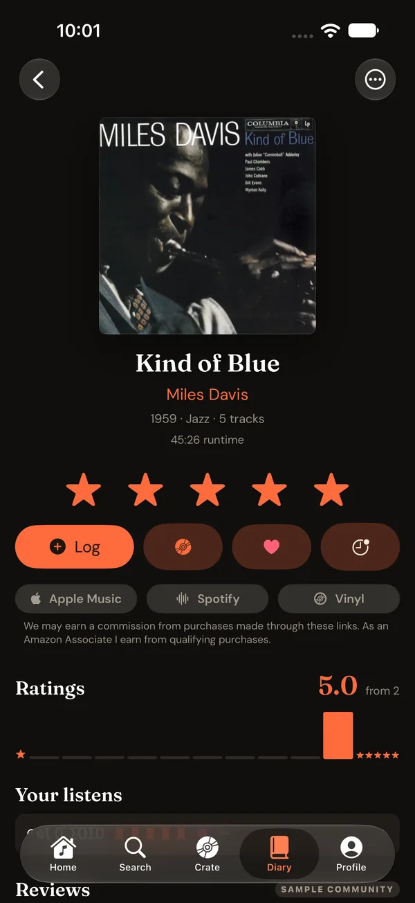 An album page with half-star rating, log button and tracklist